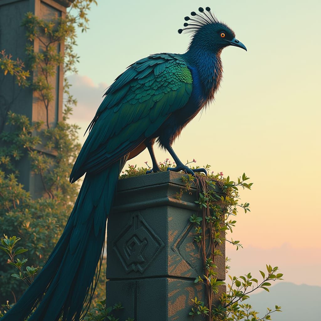 Ethereal Mourning Aix on Ancient Ruin Pillar