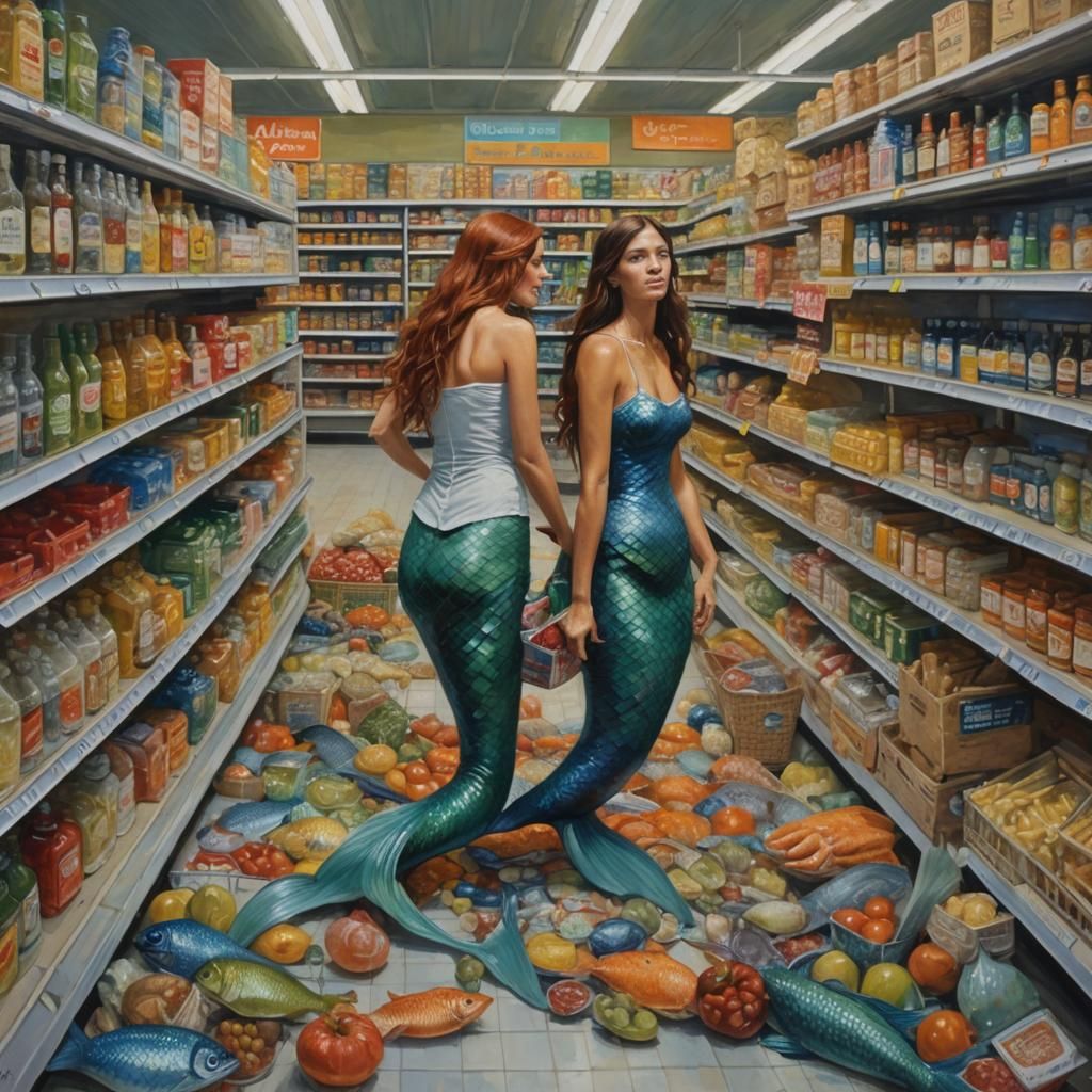 Mermaid in Supermarket, Oil Painting Style
