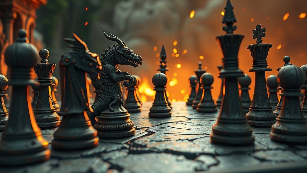 Chess Pieces Battle on Damaged Board in 3D Style