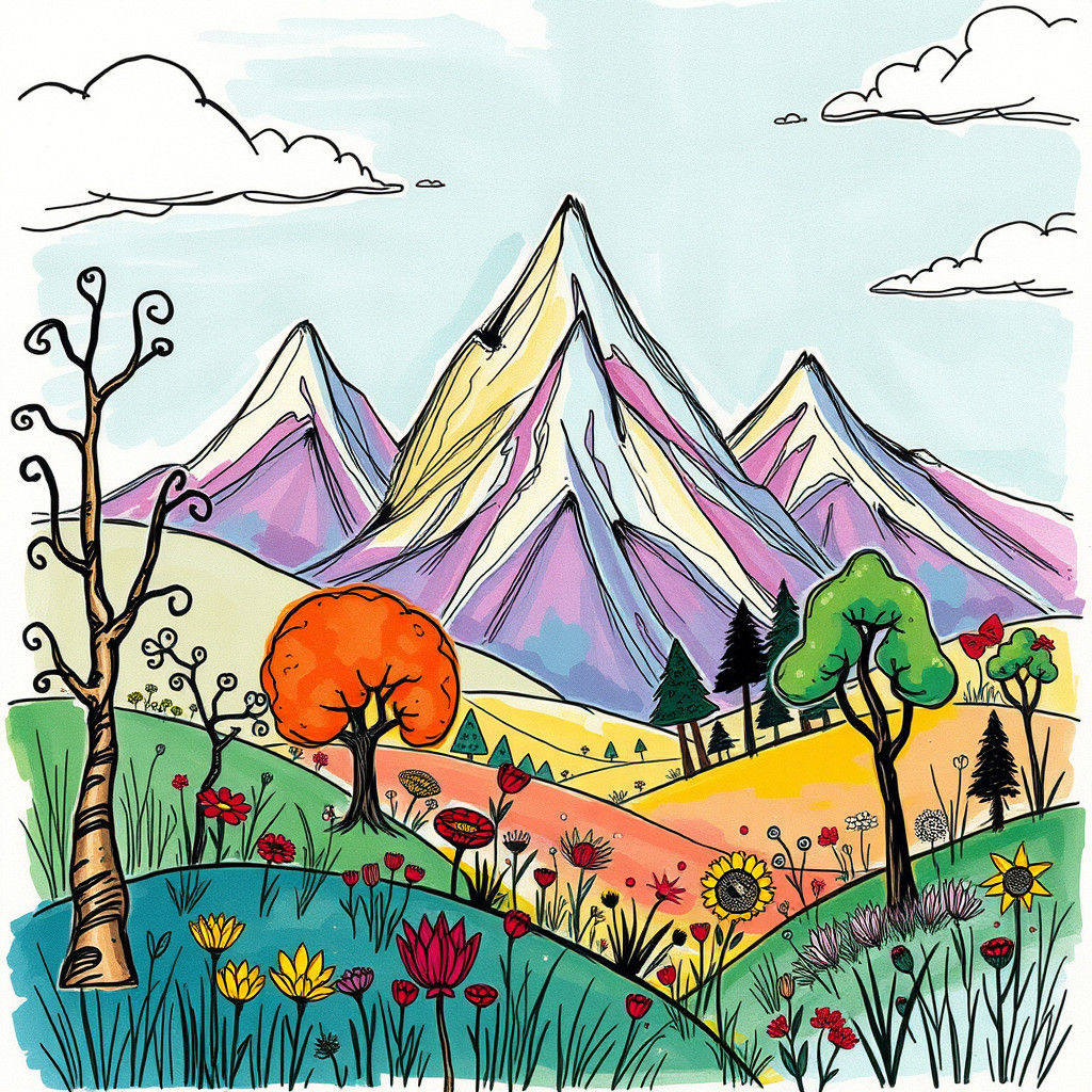 Sketchy Fantasy Landscape with Scribbled Trees in Vibrant St...