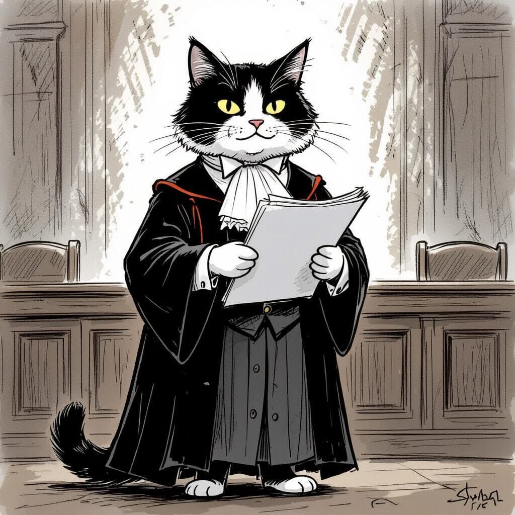 Tuxedo Cat Barrister in Courtroom Illustration