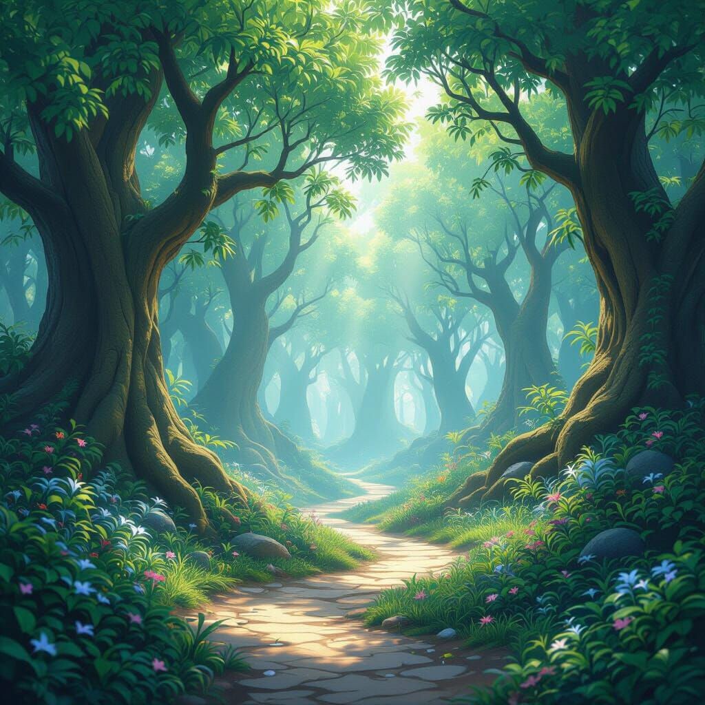 Mystical Spiritual Forest in 3D Anime Style