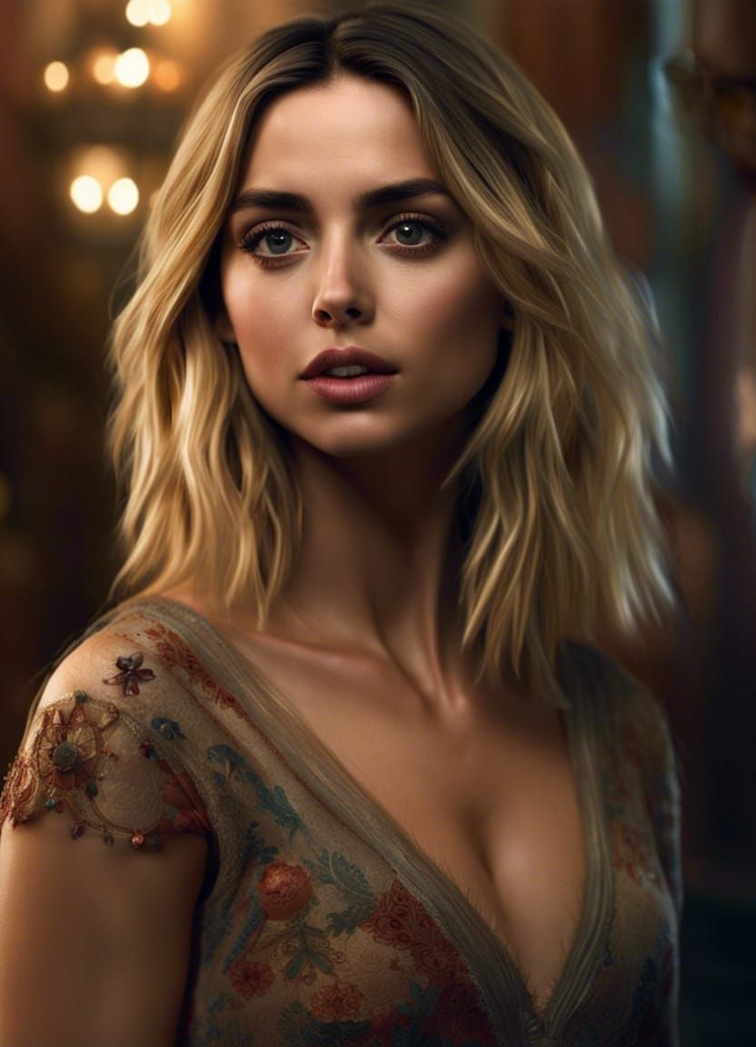 Blonde Model Posing: Detailed Matte Painting