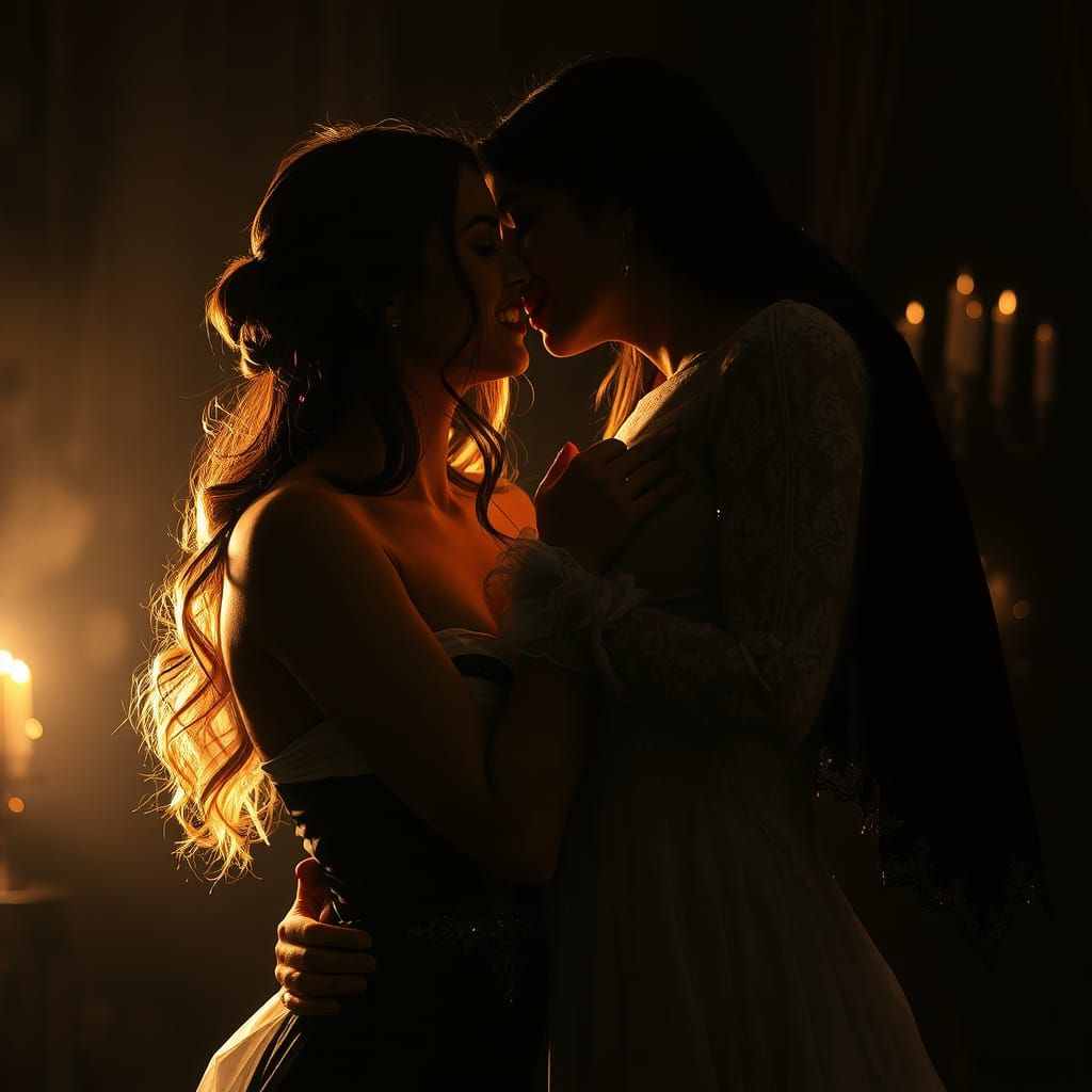 Vampire Maidens in Intimate Kiss with Cinematic Lighting