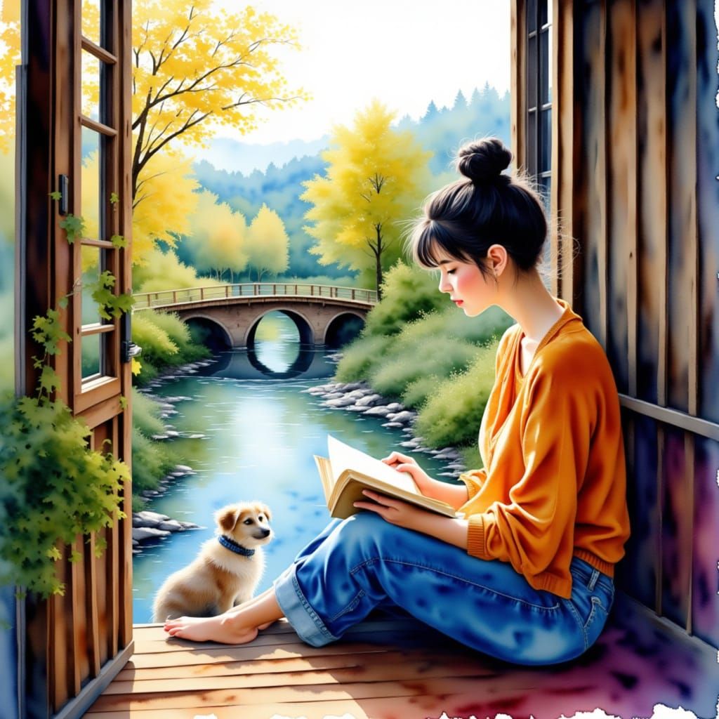 Woman Reading by River in Dreamy Watercolor Style