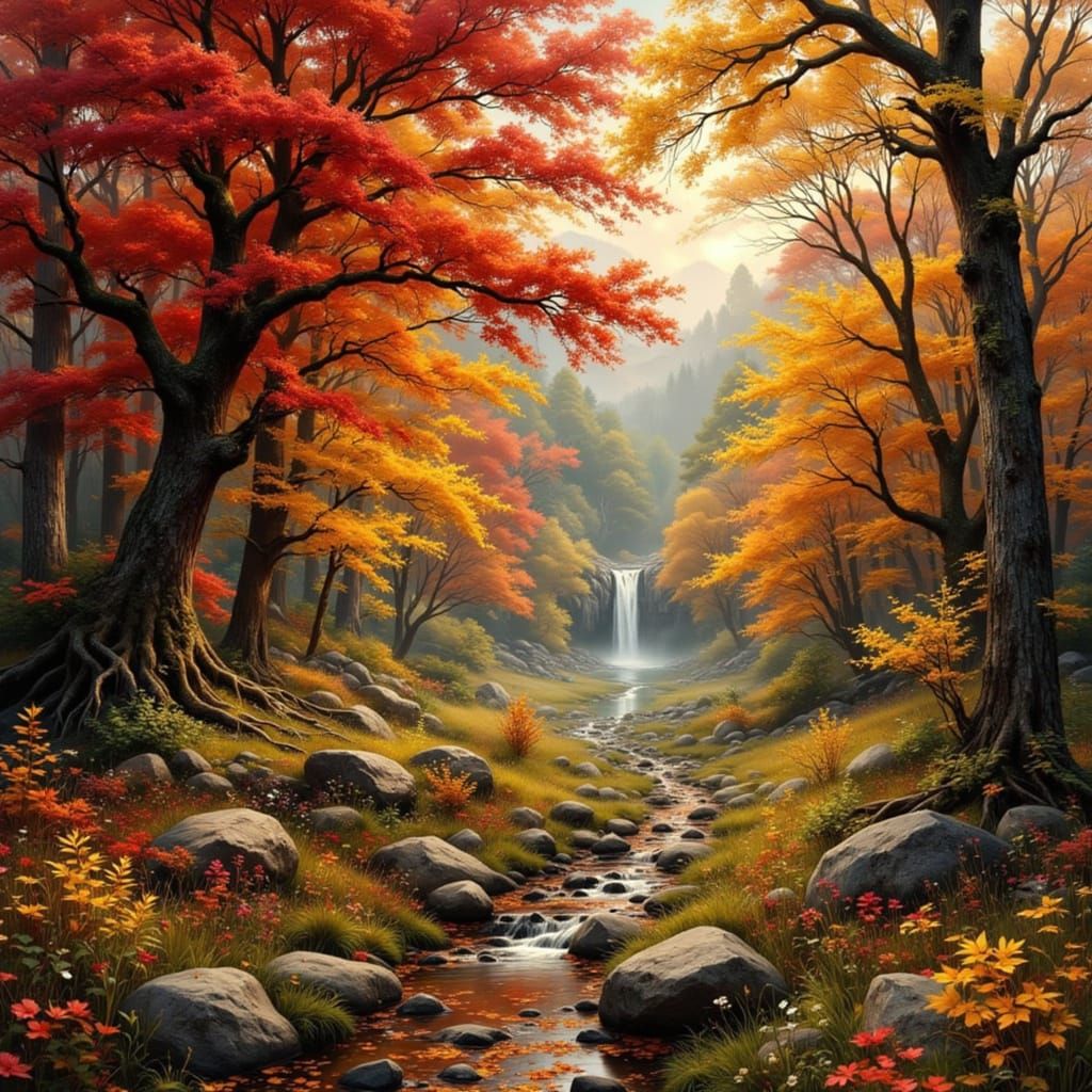 Autumn's Fiery Mosaic in a Painted Style