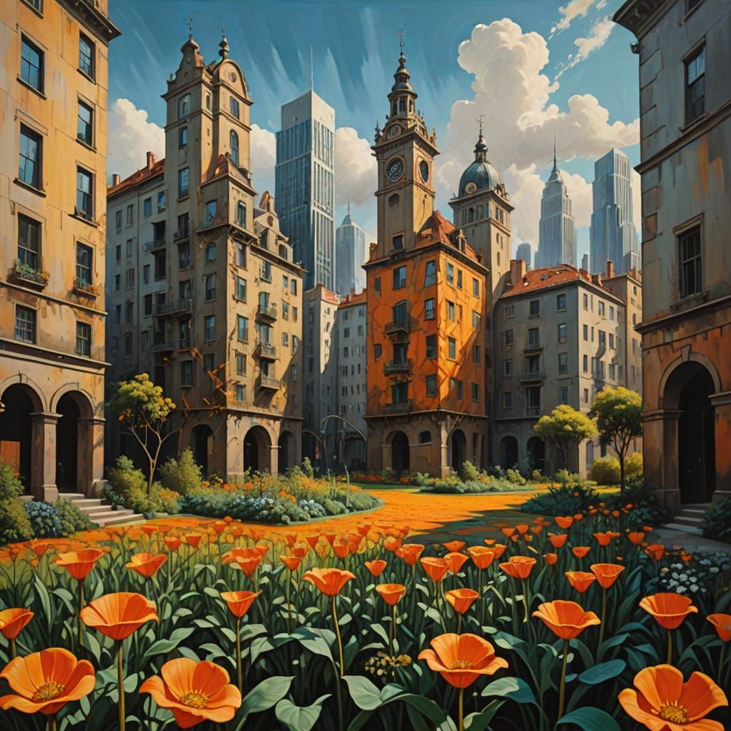 Surrealist City Garden with Distorted Skyscrapers and Glowin...