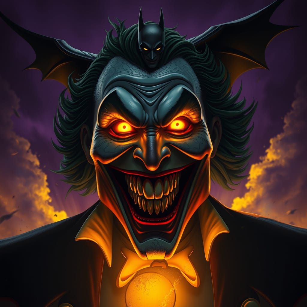 Joker's Maniacal Smile as Batman Soars in Dark, Ominous Skie...