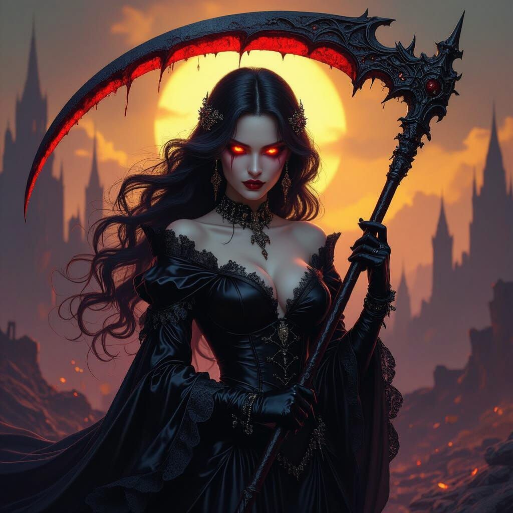 Demonic Lady with Bloody Scythe in Hellscape