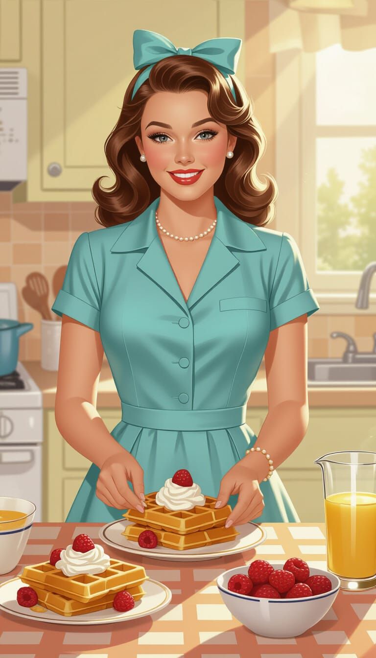 Tradwife Making Breakfast in a 1950s Kitchen at Sunrise