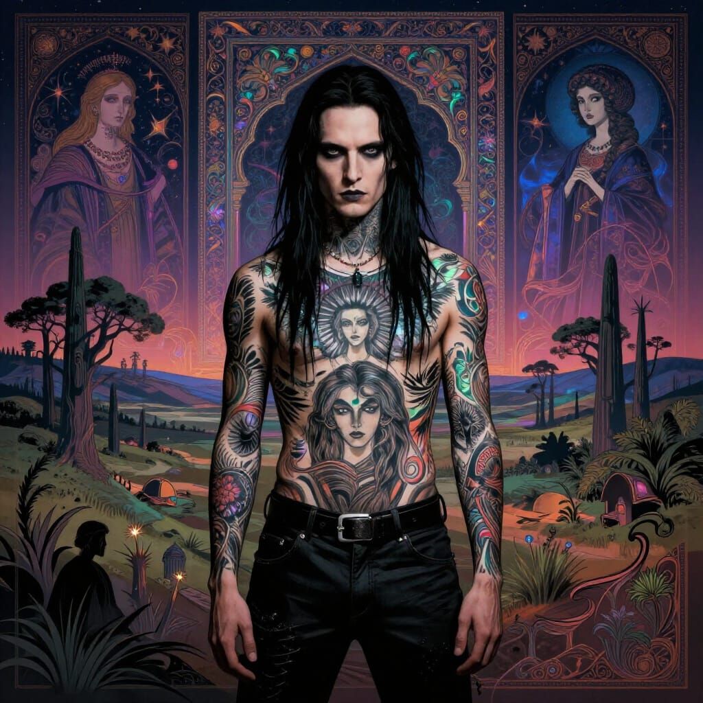 Goth Man in Australian Tonalism Aetherpunk Landscape