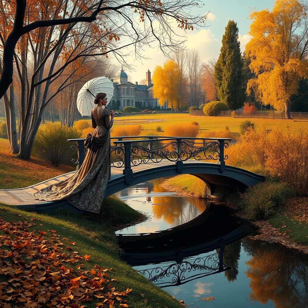 Woman on Bridge in Autumn Park, Fantasy Art