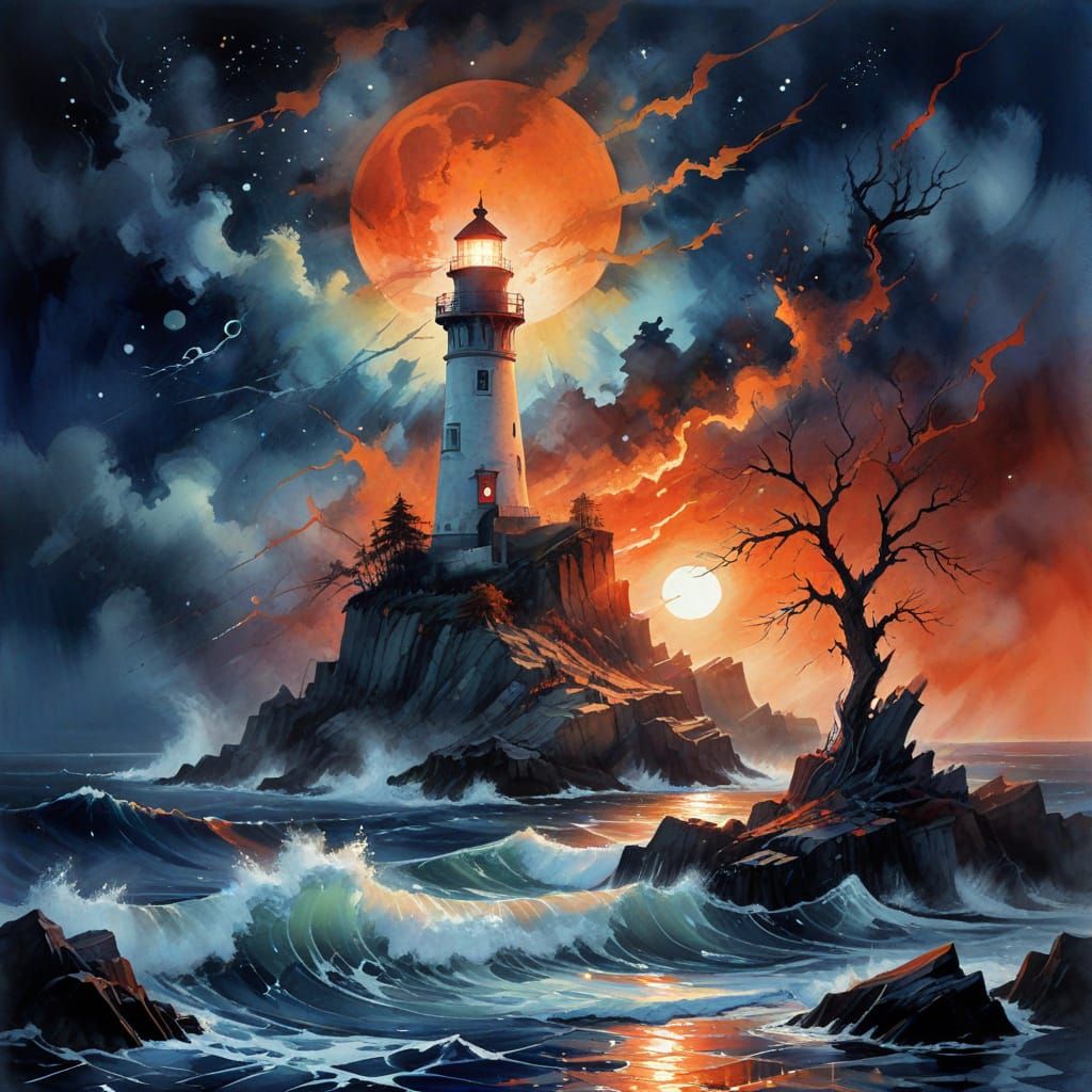 Crimson Moonlit Lighthouse Amidst Turbulent Tides