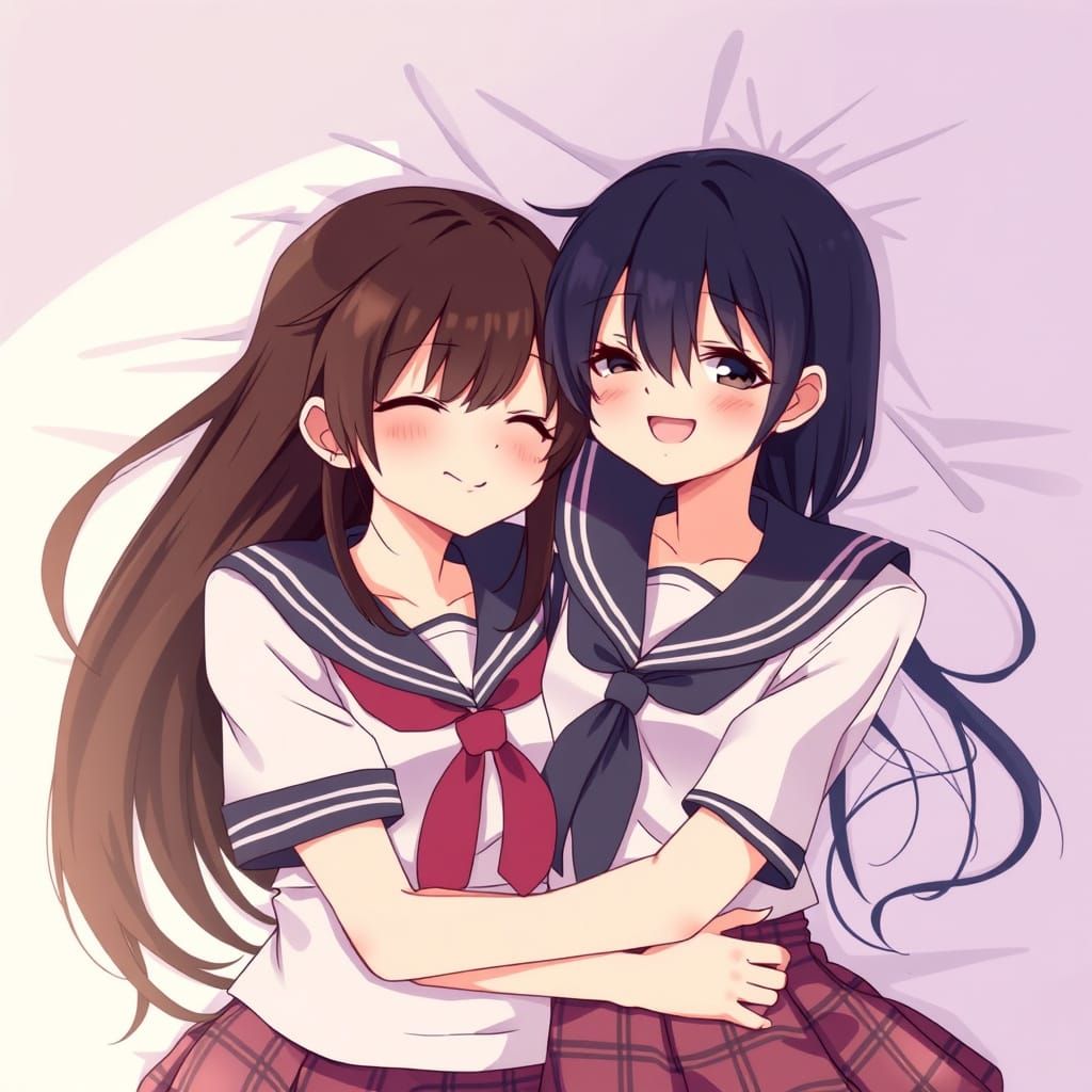 Sailor Uniform Girls Share a Tender Moment in Anime Style