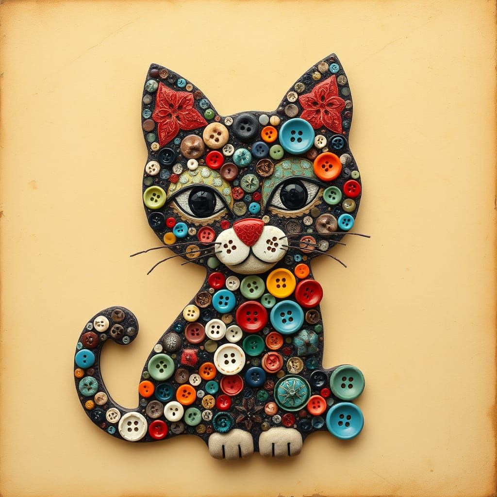 Whimsical Mosaic Cat in Vibrant Button Collage
