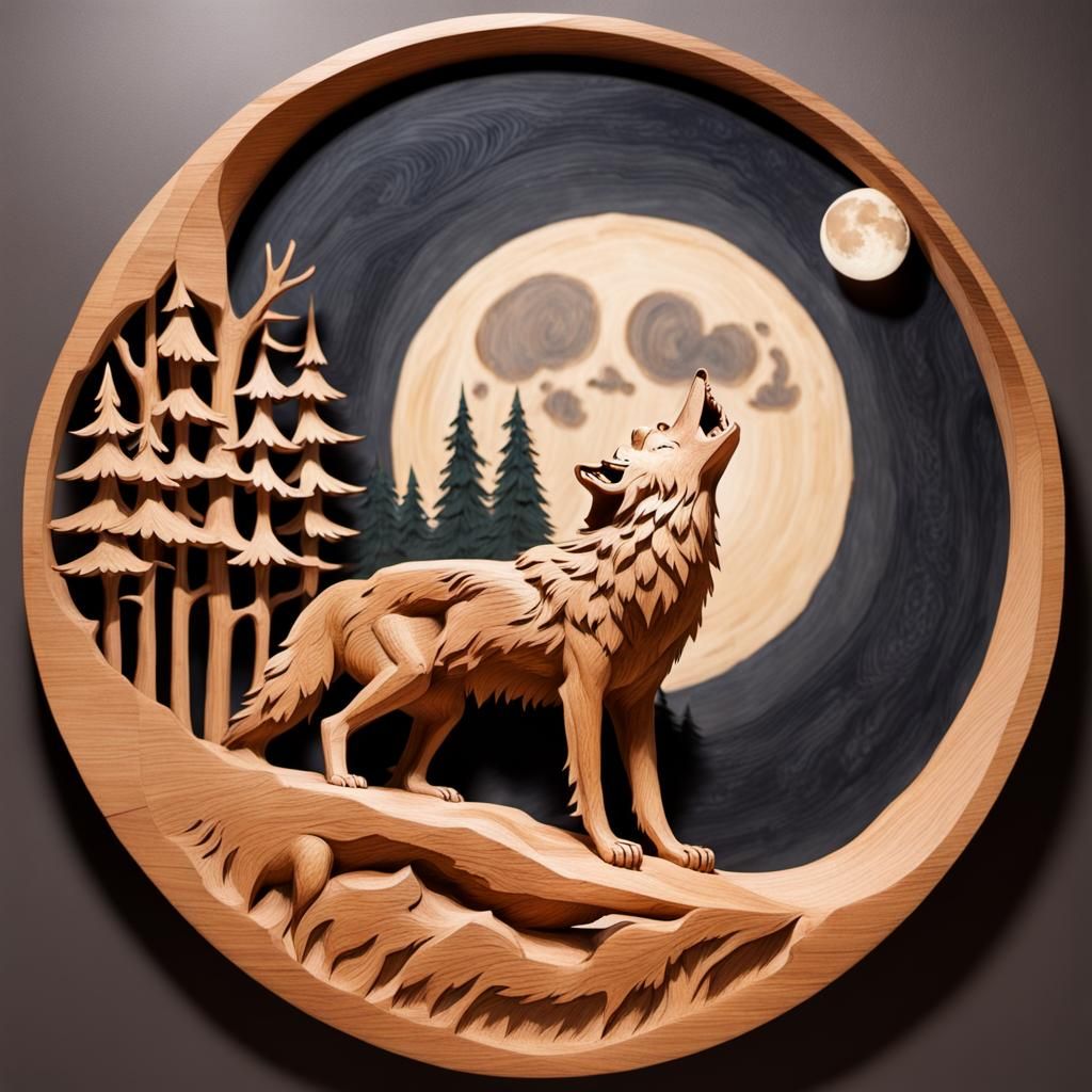 Wood Carving of Wolf Howling at Moon