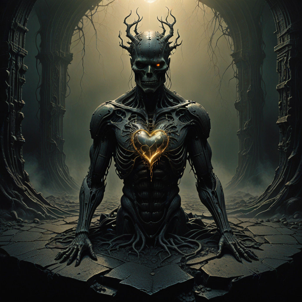 Surrealist Man's Stone Heart in Dramatic, Moody Landscape