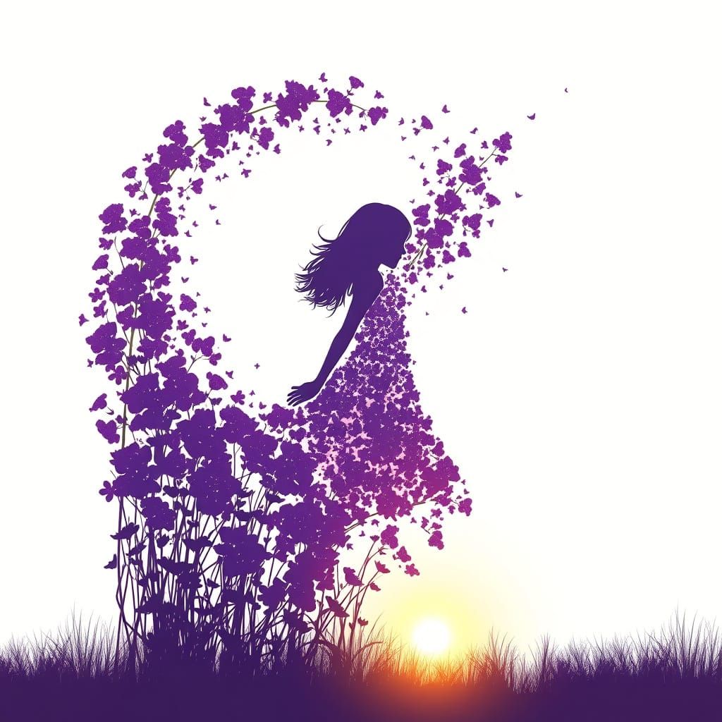 Girl Silhouette Formed by Purple Flowers Dissolving
