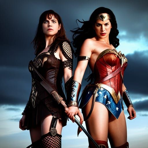 Xena and Wonder Woman: Hyperrealistic, Detailed Composition