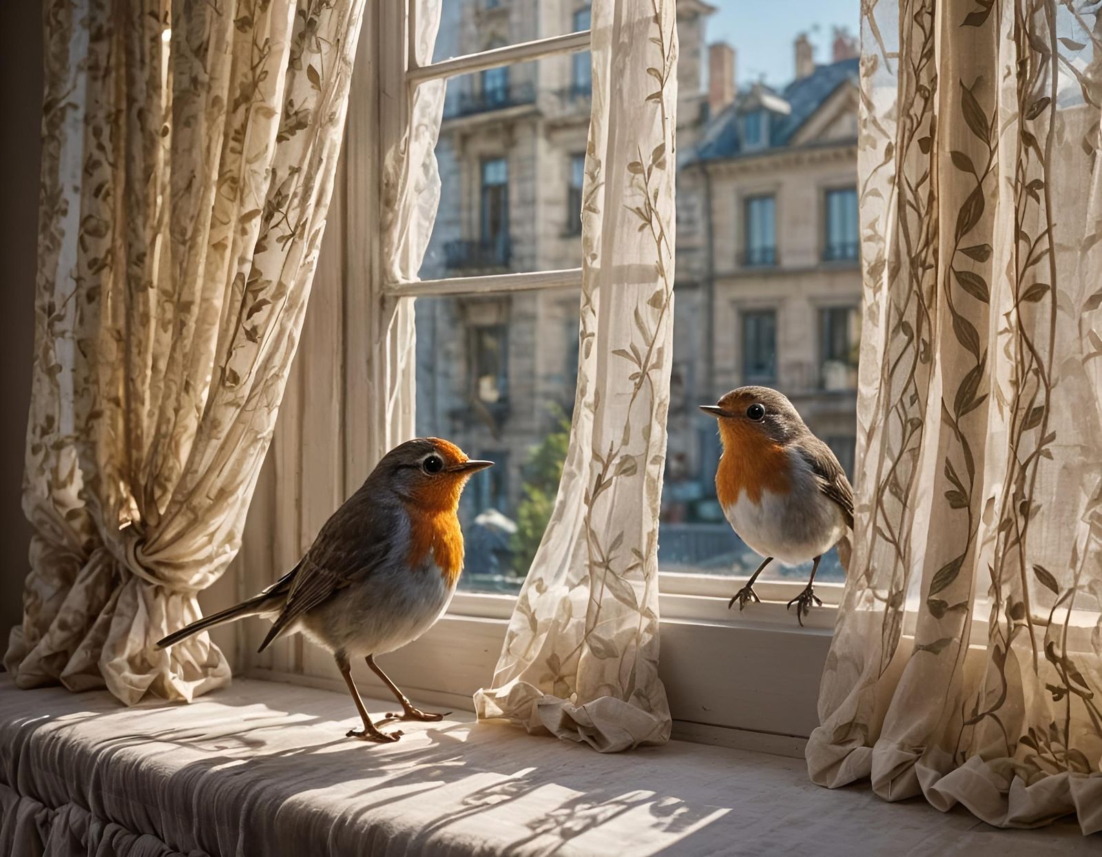 Robin on a Windowsill with Tulle Curtains