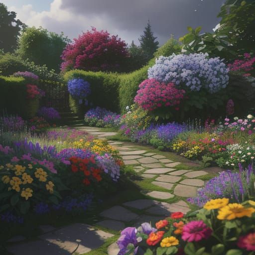 Vibrant Garden Scene in Hyperrealistic Splash Art