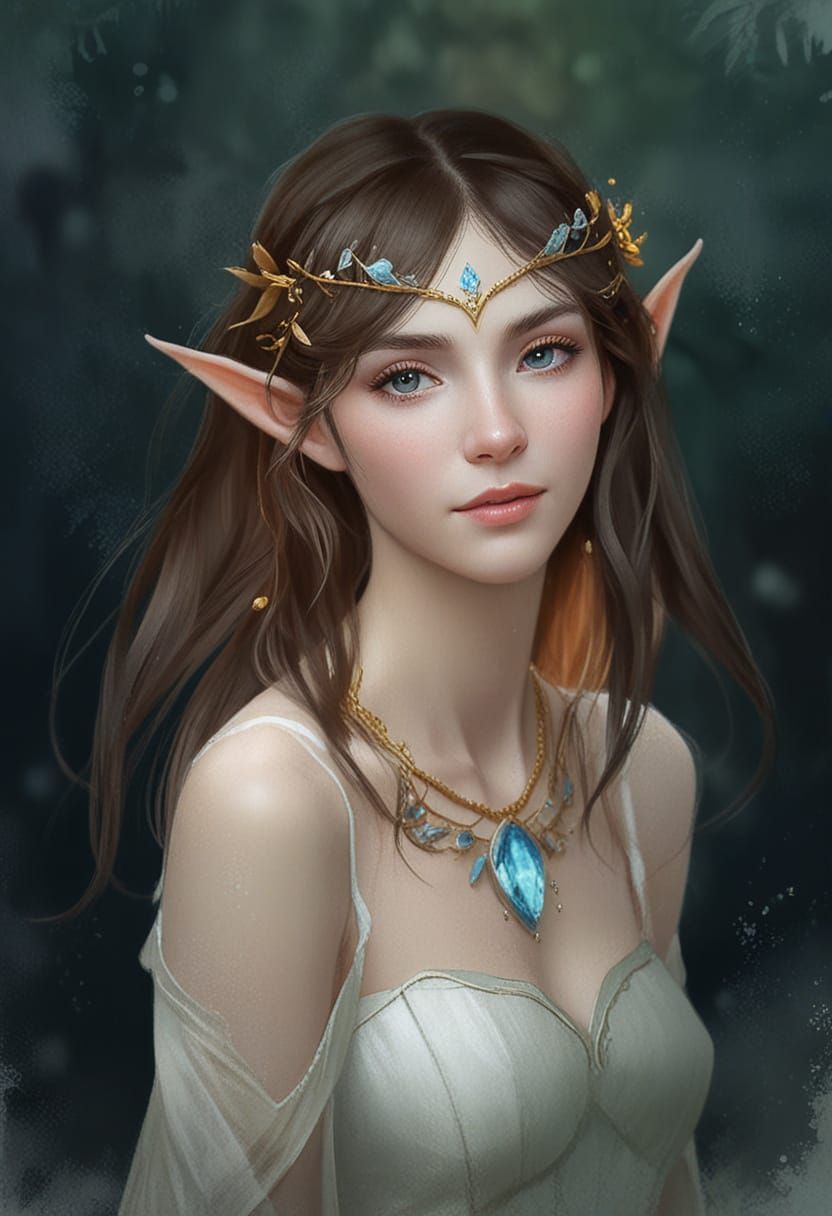 Whimsical Fantasy Portrait of an Elven Woman in Watercolor S...