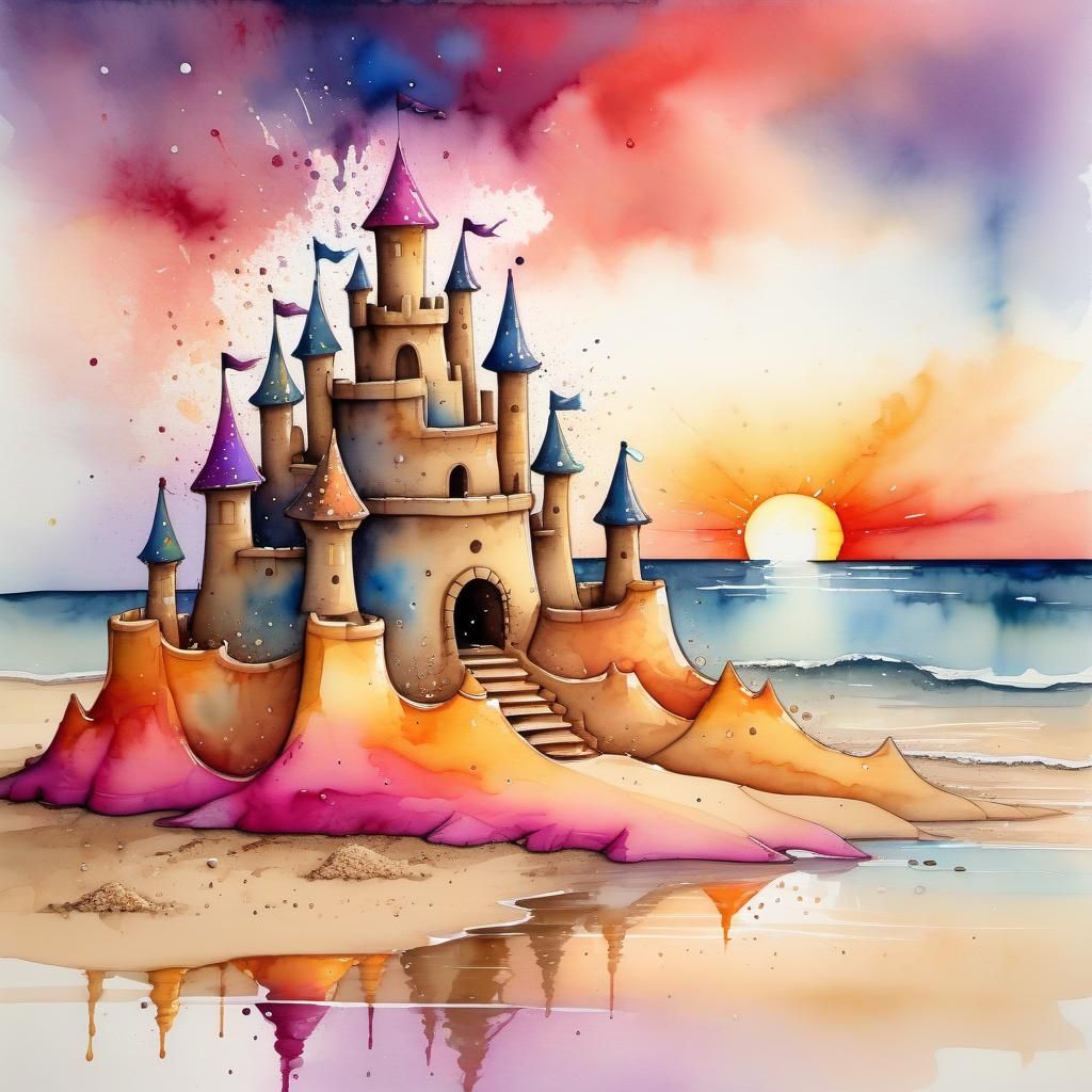 Elaborate Sandcastle at Sunset: Vivid Watercolour