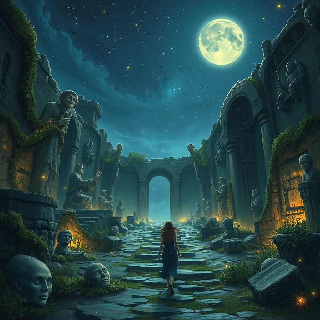 Moonlit Ruins with Glowing Carvings, Digital Painting