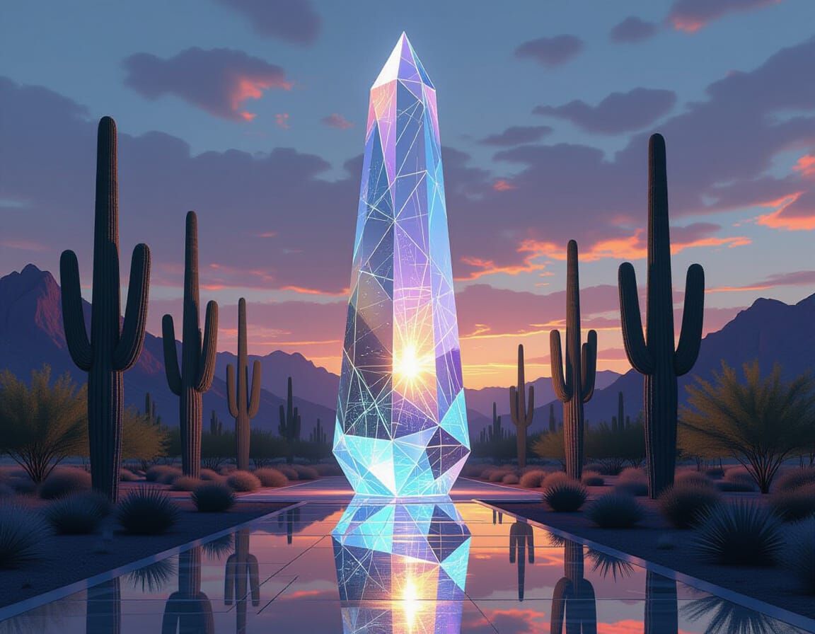 Futuristic Crystal Obelisk Reflecting Bioluminescent Cacti