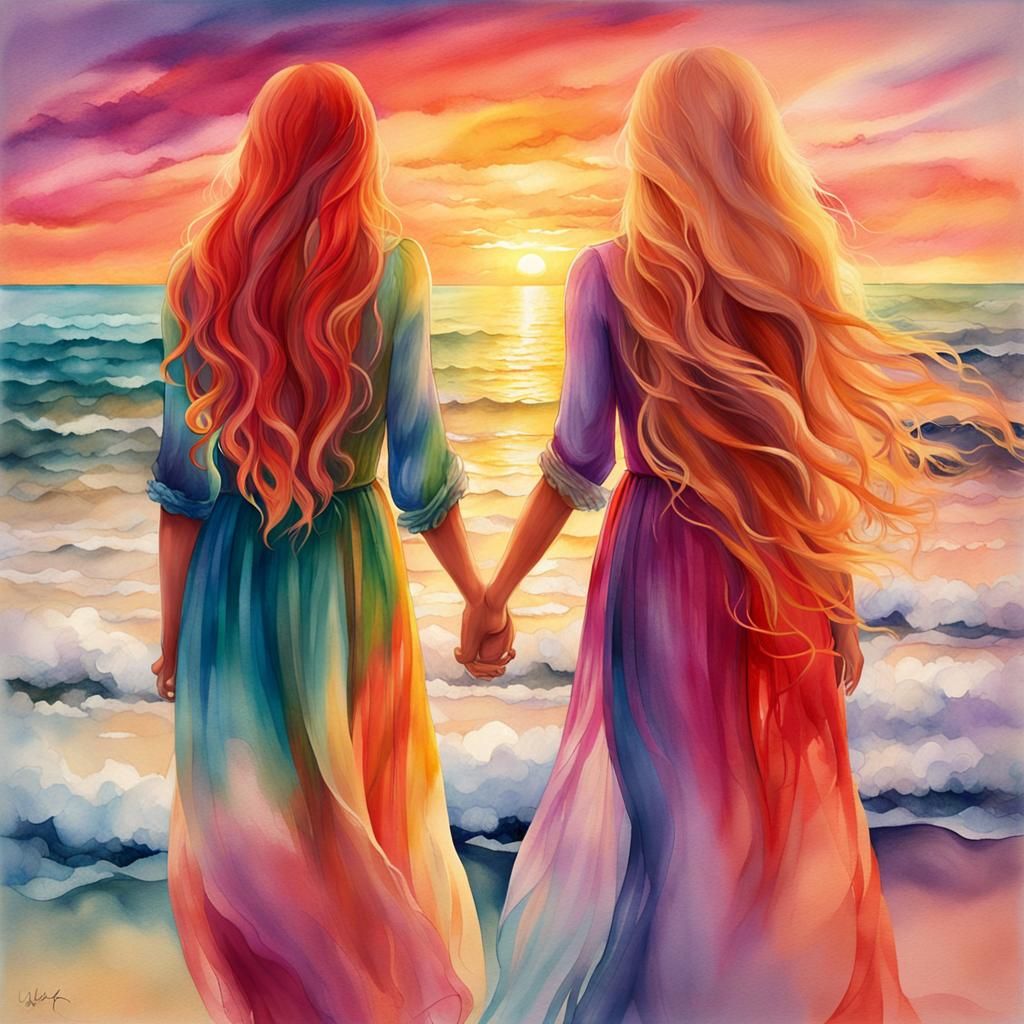 two beautiful women standing on a beach with long flowing hair, one blonde hair, one red hair, holding hands facing away...