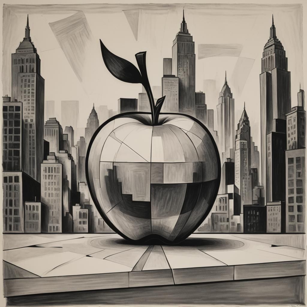 Cubist Apple with New York Cityscape Sketch