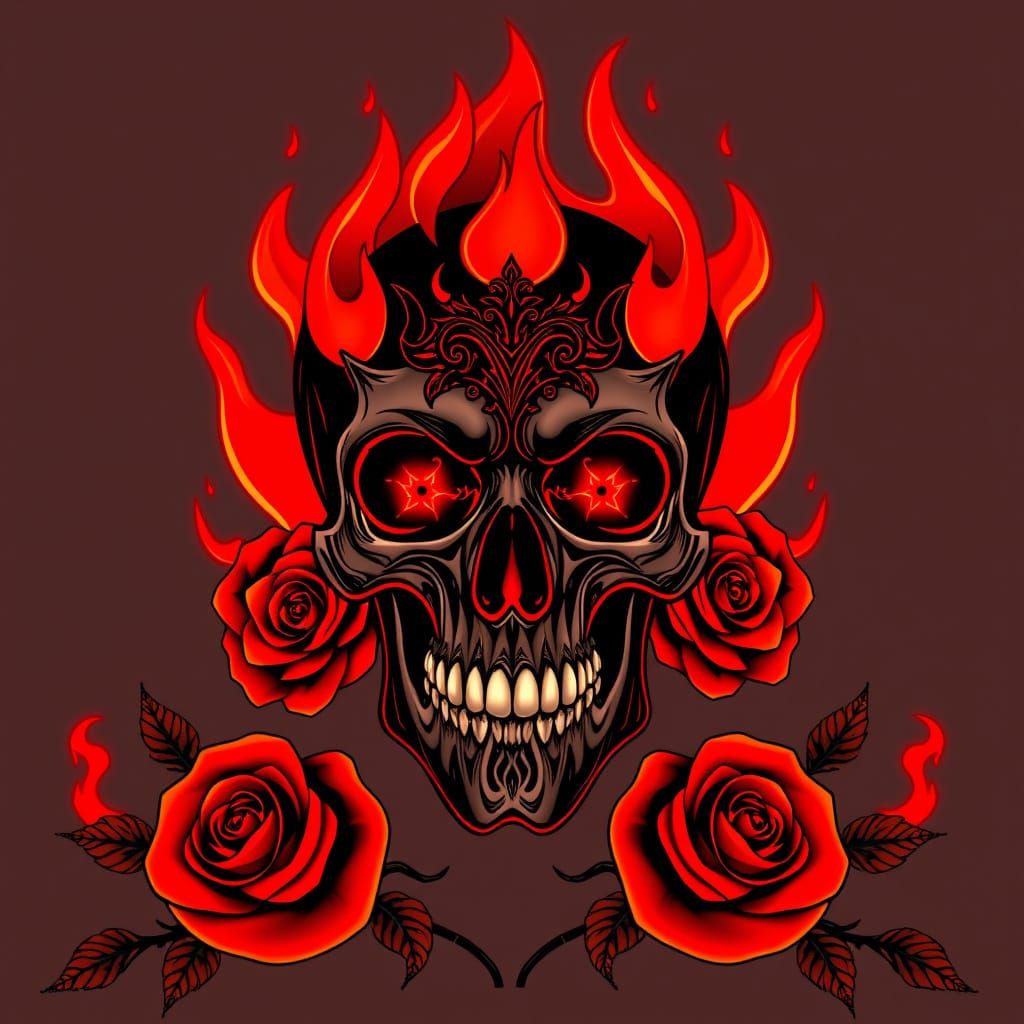 Vibrant Skull with Fiery Roses in Dark Digital Art