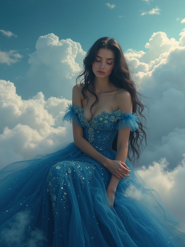 Cosmic Woman in Dreamy Cloudscape, Digital Art