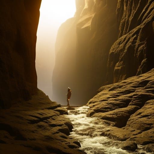 Woman Walks Through Deep Chasm with Sunlight