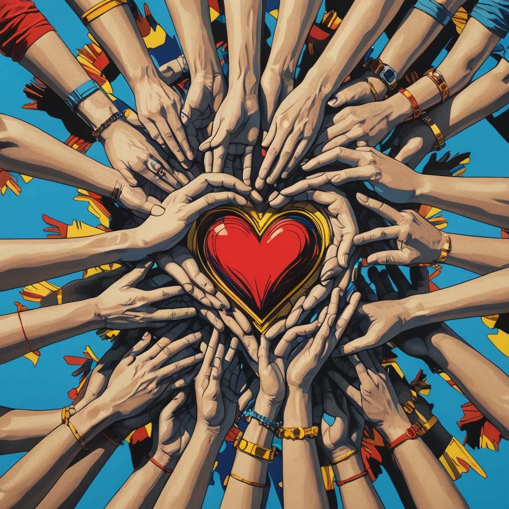 Pop Art Hands Holding Heart in Symmetrical Composition