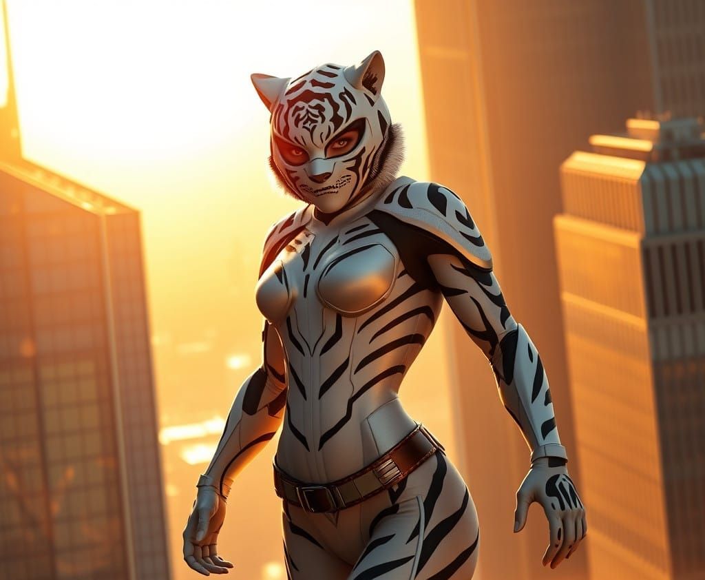 Epic White Tiger Superheroine Towers Above the City