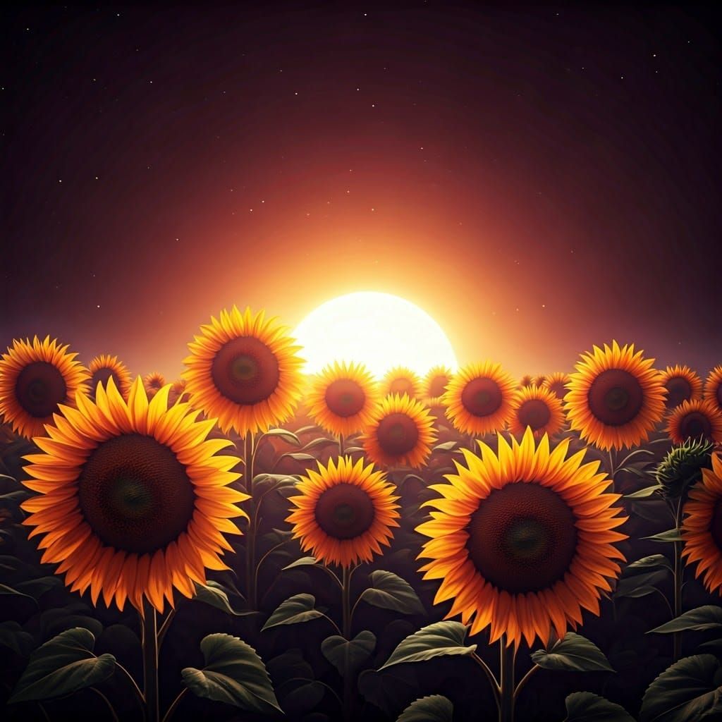 Impressionistic Sunflowers Reflecting a Distant Nebula