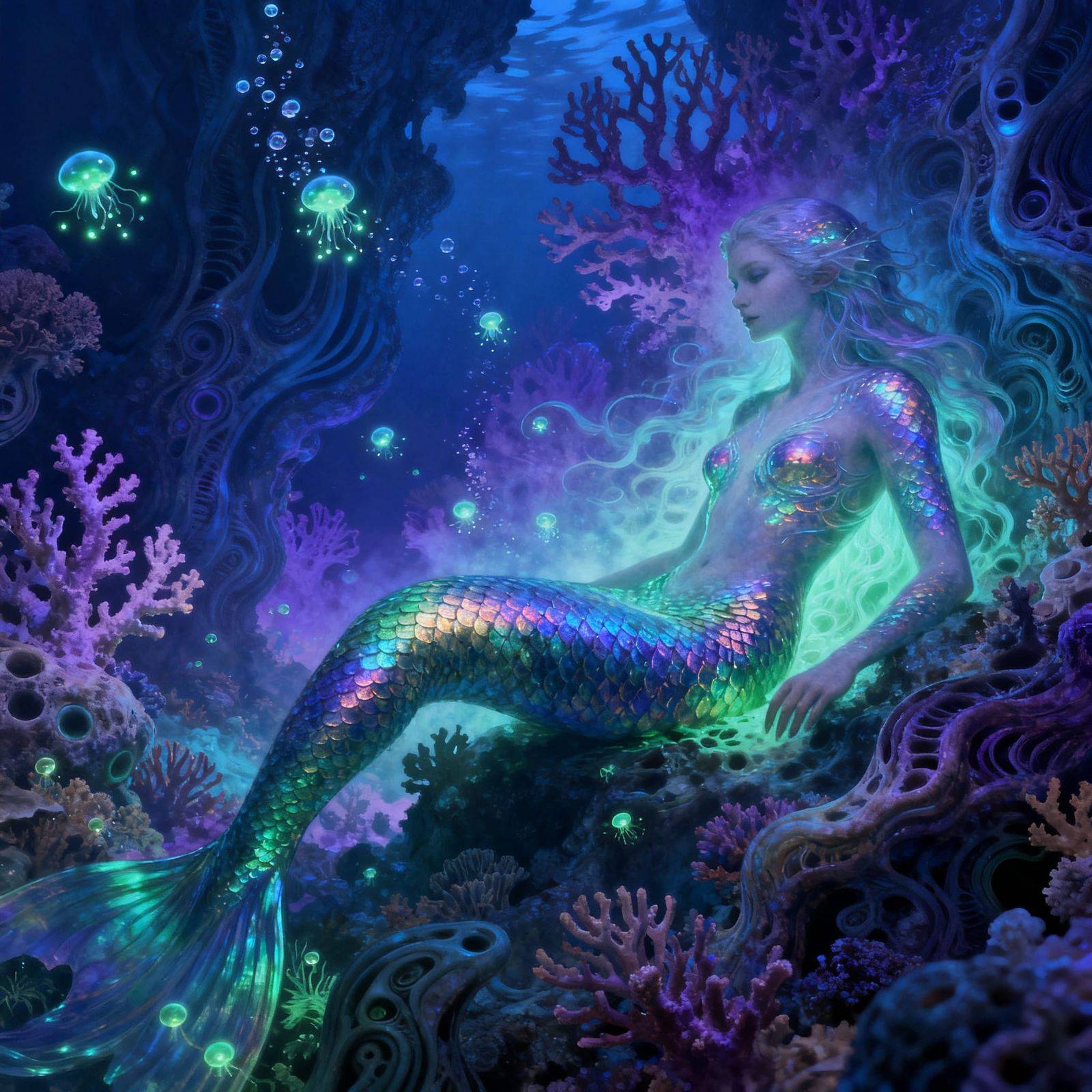 Ethereal Merfolk in Bioluminescent Depths