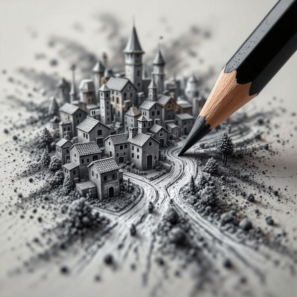 Charcoal Pencil Draws Village From Lead, Cinematic Realism