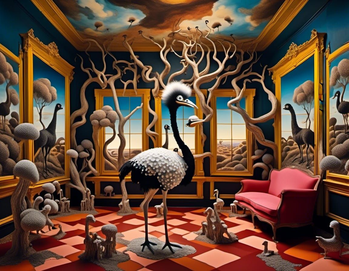 Ostrich in Dreamlike Room, Surreal Post-Impressionist Painti...