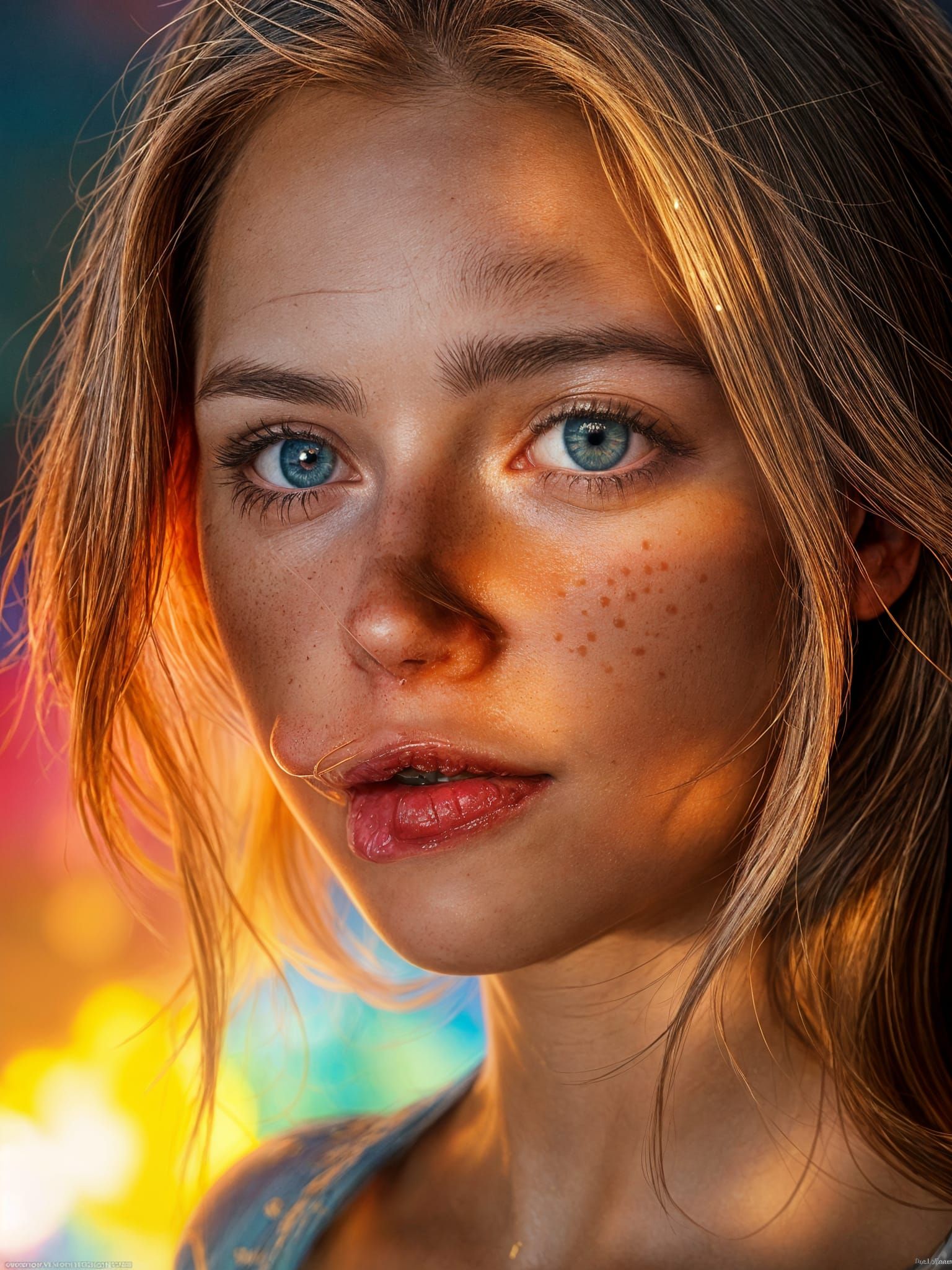 Beautiful Freckled Woman Portrait in Hyperrealistic Splash A...