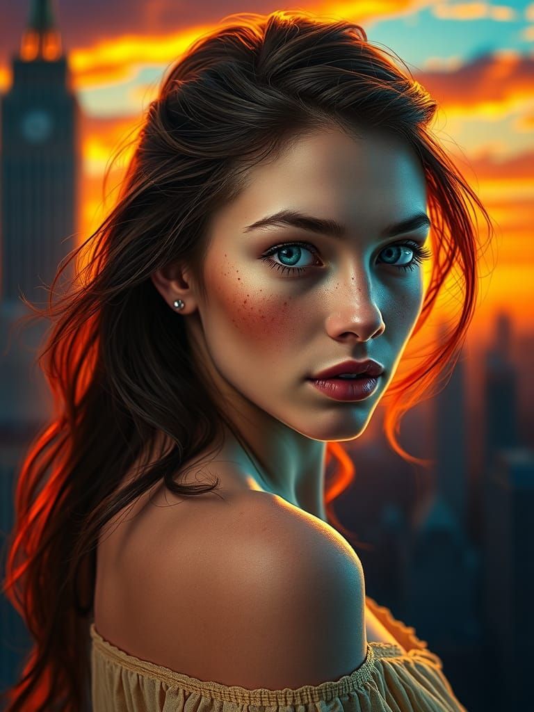 Beautiful Freckled Woman with Blue Eyes in Hyperrealistic St...