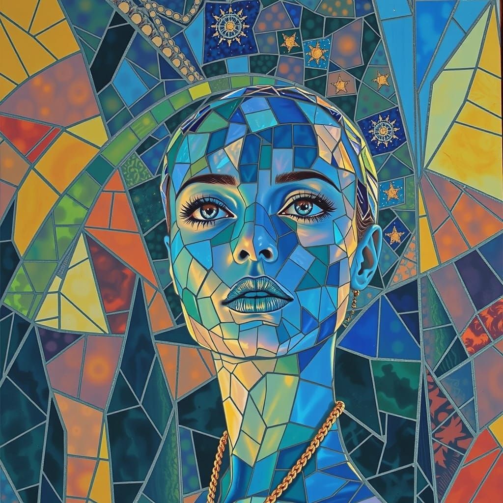 Iridescent Mosaic Woman Under Starry Night Sky