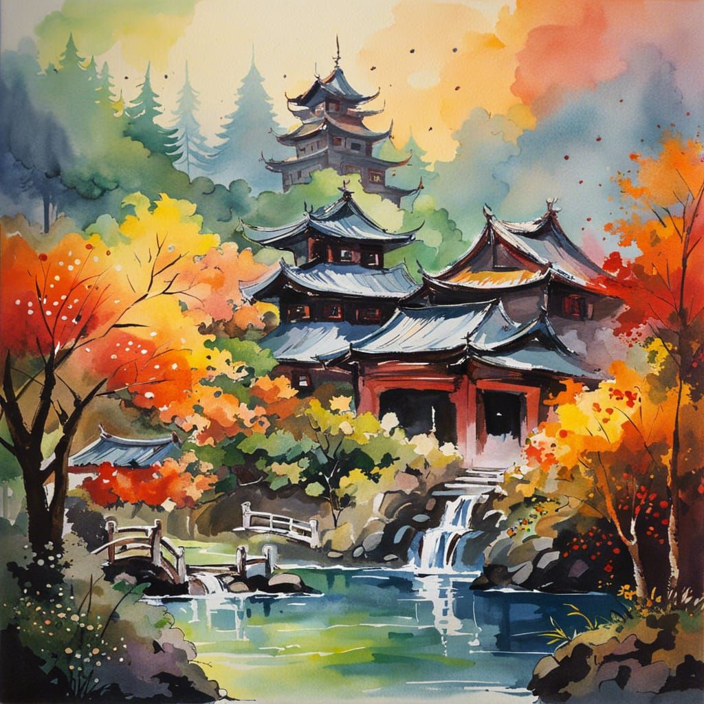Japanese Toad Pagoda: Watercolor Splash Art