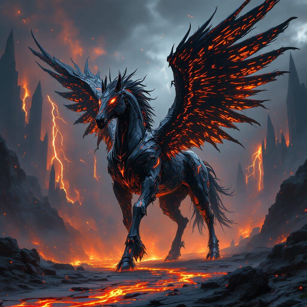 Cybernetic Pegasus Rises From Hellscape