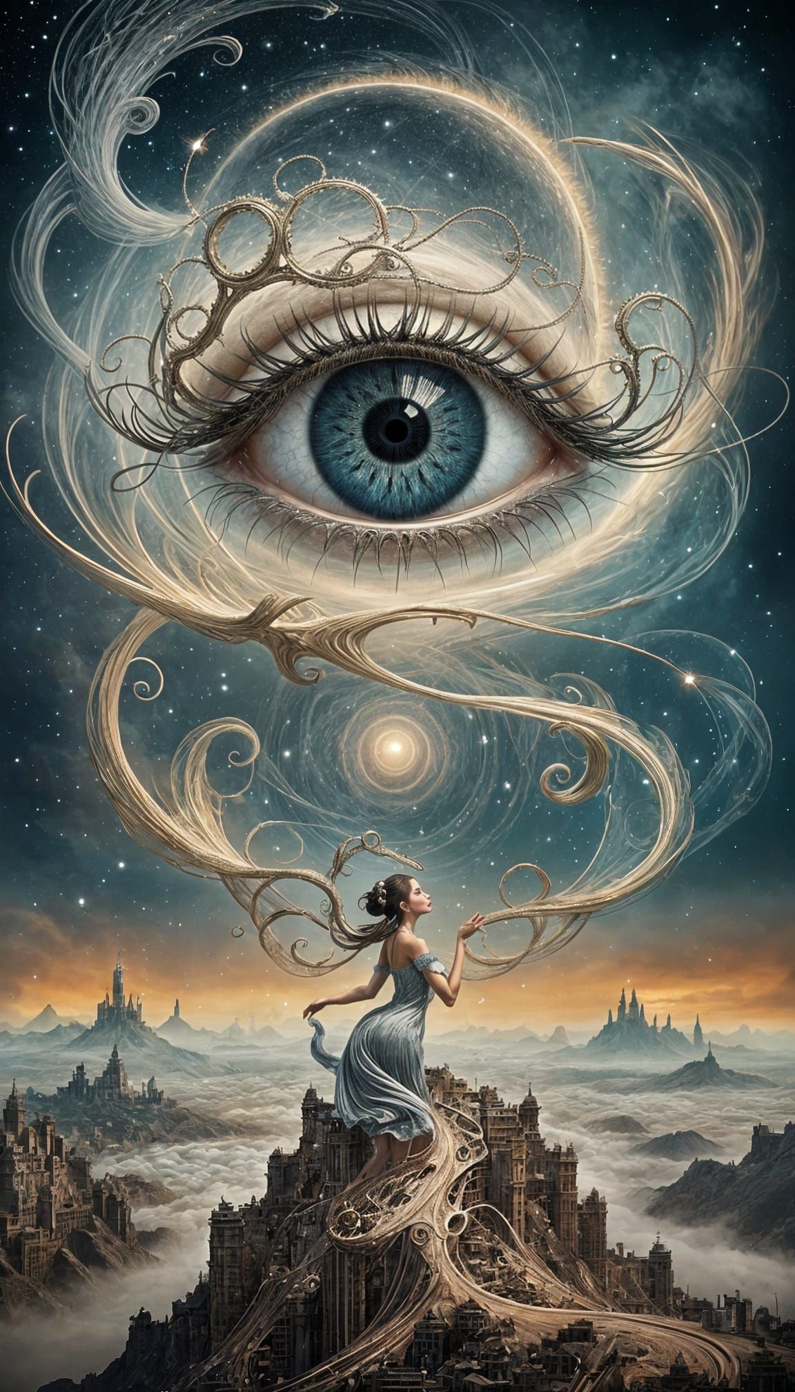 Surrealistic Vision of a Floating Eye in a Melting Cityscape