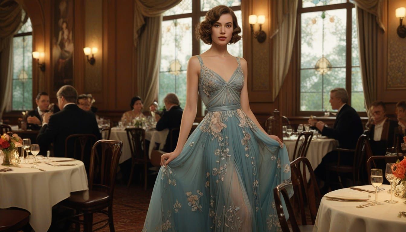 Elegant Woman in 1950s Blue Dress in Art Deco Restaurant