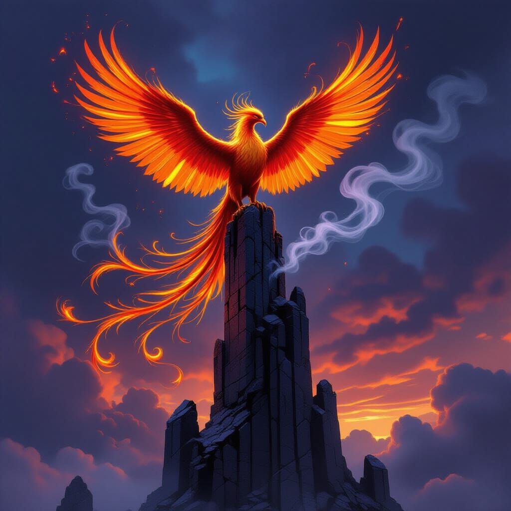 Majestic Phoenix on Obsidian Tower in Stormy Twilight