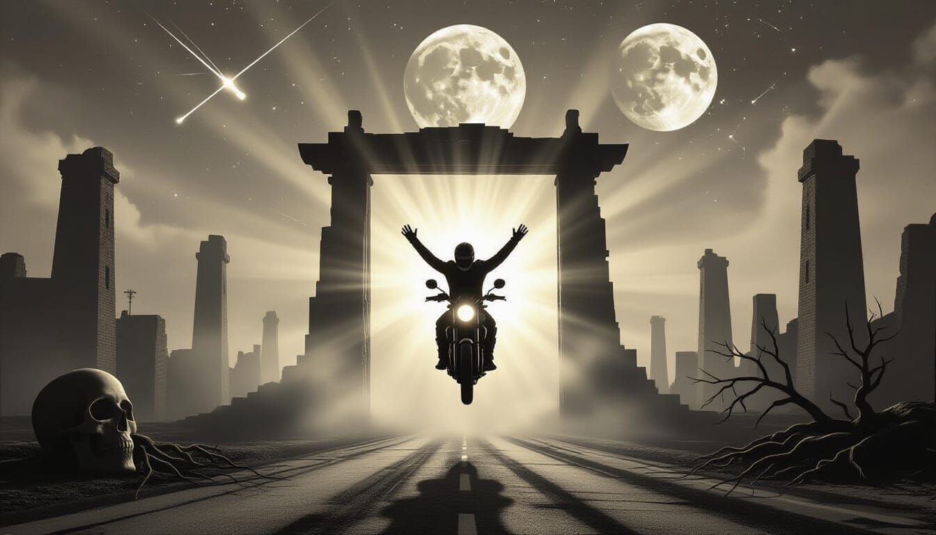 Motorcyclist Ascends Through Light Gateway, Sci-Fi Noir