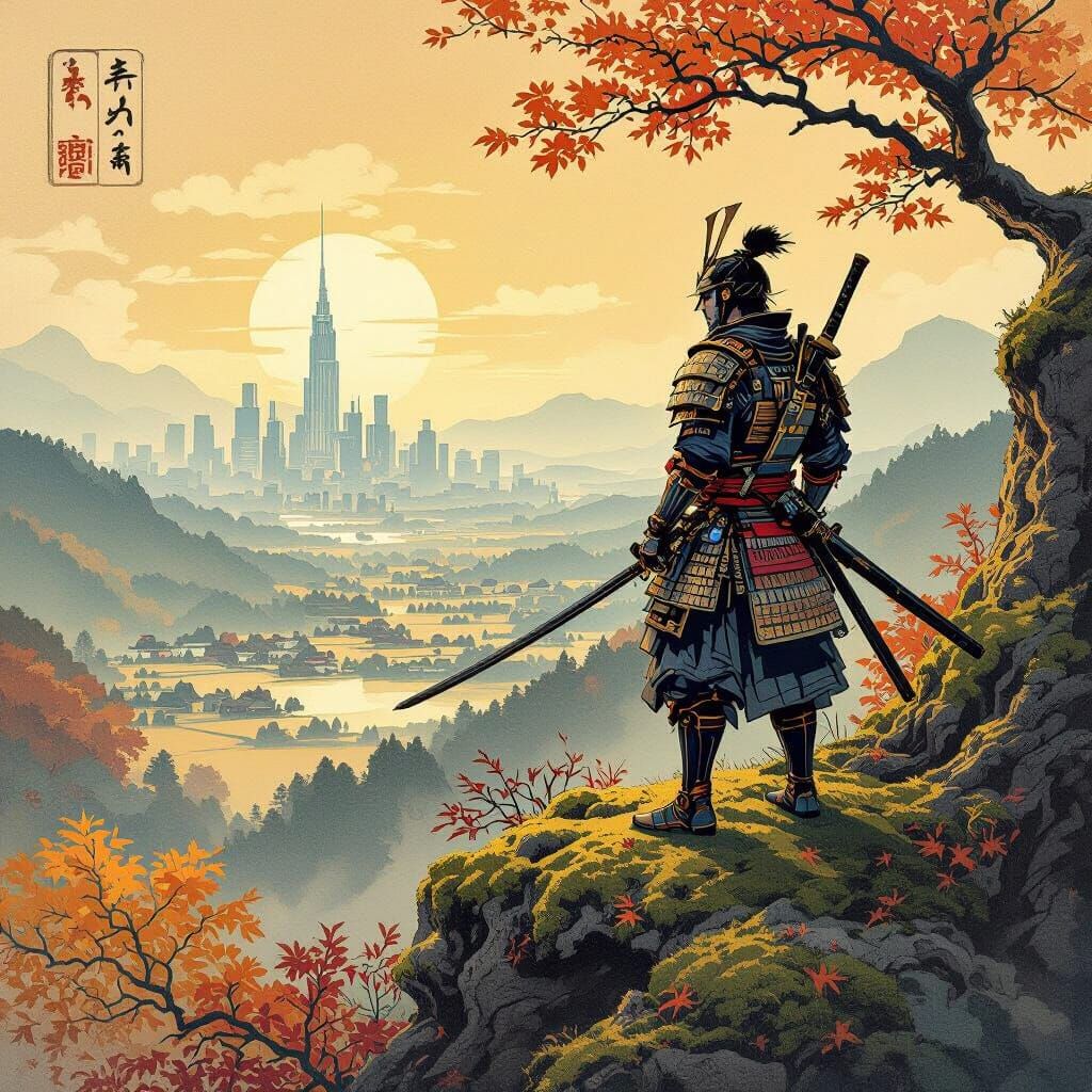 Samurai Overlooking Futuristic Autumn Valley, Ukiyo-e Style